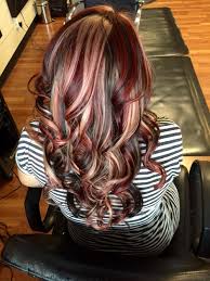 Black hair with blonde highlights that get warmer to the ends makes the basic color appear in a totally new light. Hair By Heather Chunky Highlight Lowlight With Black Red And Blonde Hair Styles Hair Highlights Long Hair Styles