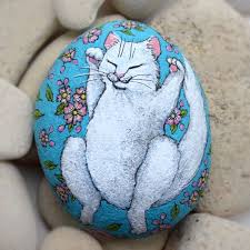 Nfac Flowers Cat Art Original Acrylic On Beach Pebble Rock Cute Painting Kv Illustrationart Cute Paintings Cat Art Art Contest