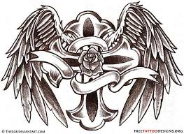 Angel wing superimposed over a background pattern made from clarinet parts, which is split skull and angel wings. Celtic Tribal Cross With Wings Novocom Top