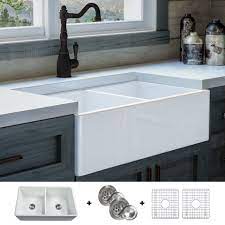 This type of sink is not necessarily linked to farmhouses, cottages and barns. Luxury 33 Inch Modern Fireclay Farmhouse Kitchen Sink White Double Bowl Flat Front Includes Grid And Drain By Fossil Blu Overstock 21834219