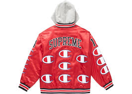 Supreme Champion Hooded Satin Varsity Jacket Red In 2021 Red Jacket Champion Clothing Varsity Jacket