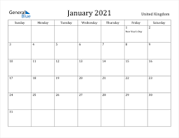 There are various yearly calendar 2021 layouts for different templates at printable monthlycalendar com with some even having free space on the sides to add notes these can be edited in a word processor or as an editable pdf. United Kingdom January 2021 Calendar With Holidays