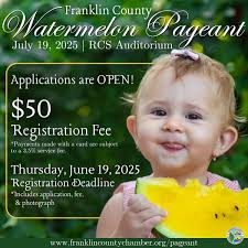 👑PAGEANT GIRLIES👑 It's time to register for the Franklin County  Watermelon Pageant!🍉👑 . 📝REGISTRATION DEADLINE: Thursday, JUNE 19, 2025  at 4:30 PM 👑PAGEANT DATE: Saturday, JULY 19, 2025 at 10 AM .