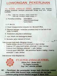 Info loker medan terbaru maret 2021 di excellent education centre. Lowongan Kerja Sma Smk D3 S1 Di Pt Super Andalas Steel Medan
