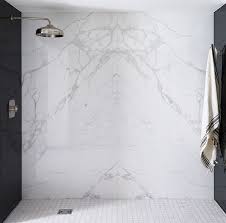 Statuario Venato Marble Shower Walls Book Matched Featuring Nero Absolute Polished Granite Ties Stunning Marble Showers Granite Shower Marble Tile Bathroom