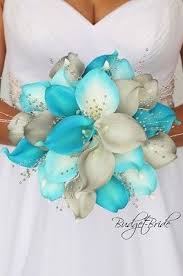 Turquoise And Grey Theme Wedding Flower Brides Bouquet With Grey Calla Lilies Turquo Turquoise Wedding Flowers Lily Bouquet Wedding Calla Lily Bouquet Wedding