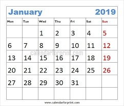 January 2019 Calendar Week Starting Monday 2019 Calendar Calendar Printables Free Calendar Template