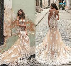 Berta 2019 Champagne Mermaid Wedding Dresses Sheer Jewel Neck Short Sleeves Lace Bridal Gowns Illusion Bodices Court Train Wedding Gowns Tulle Mermaid Wedding D Lace Wedding Dress Vintage Bridal Gowns Mermaid
