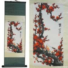 Cherry blossoms 3 piece painting print on wrapped canvas is a beautiful reproduction of a beautiful cherry blossom tree with a pretty blue sky behind. Chinese Cherry Blossom Painting On Silk Scroll Print Wall Hanging Small Ebay
