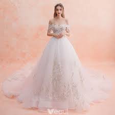 Elegant White Wedding Dresses 2019 A Line Princess Off The Shoulder Beading Tassel Lace Flower Short Sleeve Backless Royal Train Bridal Dresses Lace Wedding Dress Types Short Wedding Gowns
