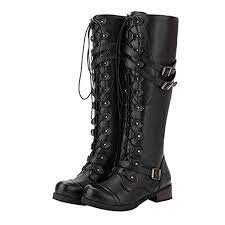 Clearance Women Motorcycle Knee High Boots Lace Up Chunky Block Heel Punk Gothic Vintage Belt Buckle Military Wa Combat Boots Lace Boots Steampunk Boots