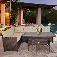 A patio set for six can quickly be arranged to a table for eight. Costway 3pcs Rattan Dining Set Patio Furniture 6 Seats Sofa Cushioned Target