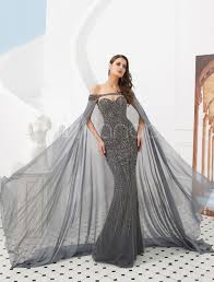 Evening Dresses Mermaid Grey Heavy Beaded Luxury Formal Gowns With Cloak Prom Dress With Train Mermaid Evening Dresses Dresses