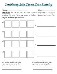 Combining Like Terms Dice Activity Combining Like Terms Math Expressions Like Terms