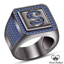 Initial S Letter Men S Band Ring In Blue Sapphire Black Gold Finish 925 Silver Mens Band Rings Blue Stone Ring Silver Rings With Stones