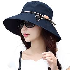 Summer Cotton Wide Brim Bucket Sun Hat for Women Face Shield Protection UPF  Travel Beach Chin Strap Medium Navy Blue in Oman
