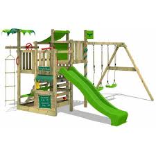 Viel spaß auf kleinem raum: Fatmoose Klettergerust Spielturm Crazycoconut Mit Schaukel Apfelgruner Rutsche Gartenspielgerat Mit Sandkasten Leiter Spiel Zubehor
