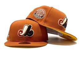 Fitted hat details front embroidered design Montreal Expos 35th Season Rust Orange Yellow Brim New Era Fitted Hat Sports World 165 In 2021 New Era Fitted Fitted Hats Rust Orange