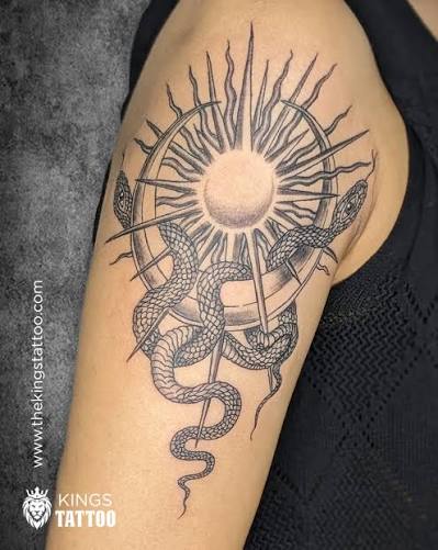 Embrace the balance of light and darkness, power and transformation. This intricate snake and sun tattoo symbolizes rebirth, strength, and growth." For booking call 🤙 9884921313/9940010102 www.thekingstattoo.com Artist:@moneytat2 #TattooArt ...