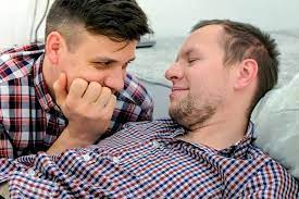 Men Gay Lie Down Together and Flirt Each Other. Stock Image - Image of  love, romance: 140276671