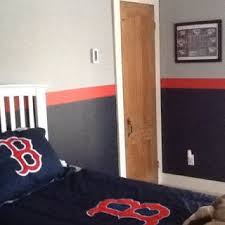 Jaidans Boston Red Sox Themed Bedroom Got The Paint Ideas From Pinterest Red Sox Room Boston Red Sox Room Boy Room Paint