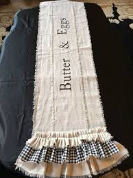 Custom Table Runner With Sayings Multi Ruffle Ivory Linen Etsy Shabby Chic Dining Farmhouse Table Runners Farmhouse Dining Room Table