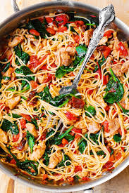 Tomato Spinach Chicken Pasta In 2020 Easy Pasta Dishes Spinach Stuffed Chicken Chicken Spinach Pasta