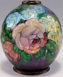 Camille Faure Limoges Vase C1920 H 10 9 Cm Silver Plated Metal Applied Metal Foil Polychromatic Enamel With Roses And Other K Art Nouveau Art Sculpture