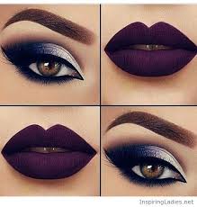 white eye makeup with purple lips