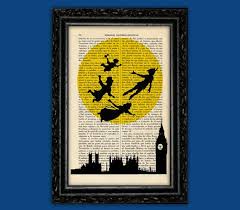 Peter Pan Flying Moon Silhouettes Art Print Book Dorm Room Print Nursery Gift Print Wall Decor Poster Dictionary Print Nº8 In 2020 Vintage Book Art Silhouette Art Book Art