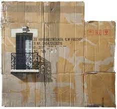 artist evol transforms discarded cardboard boxes into intricate portraits of urbanity read more artist cardboard art cityscape painting street artists