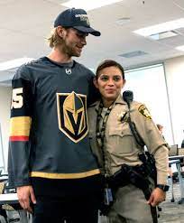 #deryk engelland #jon merrill #vegas golden. Vegas Golden Knights Defenseman Jon Merrill 15 With Metro Detective Maria Fulwiler During A T Las Vegas Review Journal