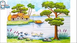 From here you can learn how to draw, shade. How To Draw A Riverside Landscape With Oil Pastels Step By Step Youtube Landscape Drawings Drawing Scenery Landscape Drawing Easy