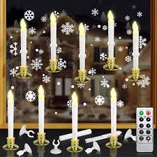 Amazon Com Kithouse 10 Set Christmas Window Candles Lights With Timer Battery Operated Electric Led Taper Candles Flameless For Windows Christmas Gold Candle Holders Suction Cups Snowflake Stickers Home Improvement