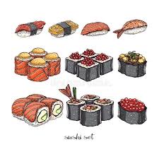 Set Of Rolls And Sushi Set Of Different Kinds Of Delicious Rolls And Sushi Hand Drawn Illustration Vector Sushi Drawing How To Draw Hands Food Illustrations