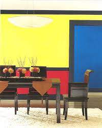 Blocking Design Using Vivid Red Yellow And Blue In This Dining Room Is Bold And Daring Dining Room Colors Blue Walls Room Colors
