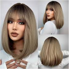 Wigs Bob Blonde Wig with Bangs Golden Brown Straight Shoulder Length  Synthetic Wig for Women Heat Resistant Wig for Party Daily Wear Lace Wigs :  Amazon.ca: Beauty & Personal Care