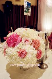 Mothers day flower arrangement in peach and light pink. Wedding Pink White Lightpink Centerpiece Hydrangeas Mums Carnation Rose Joyce Wedding Services
