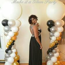 Black And Gold Balloon Arch Prom Send Off Columns Black White And Gold With Images Prom Balloons Black And Gold Balloons Prom Decor