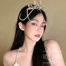 vương miện kèm chuỗi ngọc đính giọt nước trang trí trán lolita cài tóc cô  dâu cosplay hóa trang Vương Miện Kim Loại Mạ Đá Nhân Tạo