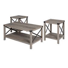 Our coffee table provides just enough space for placing down items from your tv remote to your mail, while also having a shelf underneath for simple storage or decor. Farmhouse Fireplace Tv Stand With Coffee Table And 2 End Table Set In Gray Wash 2115475 Pkg