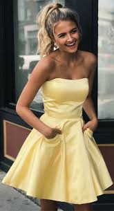 Simple Strapless Short Yellow Homecoming Dress With Pockets Strapless Homecoming Dresses Short Strapless Prom Dresses Yellow Homecoming Dresses