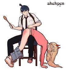 1male aki hayakawa (chainsaw man) bent over bottomless chainsaw  man clenched teeth crying crying with eyes open hayakawa aki horns looking  at viewer over the knee spanking pants down