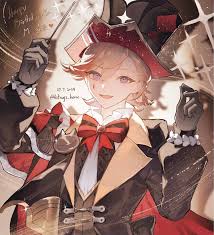 lyney (genshin impact), lyney (kfc) (genshin impact), genshin impact,  commentary, highres, symbol-only commentary, 1boy, 329kome, asymmetrical  hair, black gloves, black hat, dated, facing viewer, gloves, hands up,  happy birthday, hat, looking at viewer ...