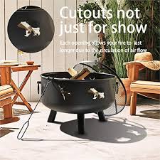 The stamped design on the sides of the bowl will help increase air flow keeping your fire roaring longer, and looks great when entertaining. Y Me Wood Burning Fire Pit Outdoor Patio Campfire Backyard Fireplace Round Steel Deep Bowl Fire Pit 24 Inch Fire In Style Fireplaces Stoves Fire Pits
