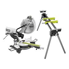 Ryobi 12 In Sliding Miter Saw With Led And Miter Saw Stand With Tool Less Height Adjustment Mitre Saw Stand Sliding Mitre Saw Miter Saw