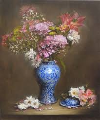 Vase of flowers painting | pedro de camprobin oil paintings. Zhi Li Pink Flowers In A Blue And White Vase Oil Painting For Sale At 1stdibs