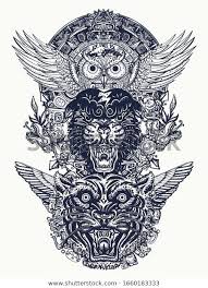 Ancient Totem Panther Tiger Owl And Mayan Sun Mayan And Aztec Style Wild Animals Art Tattoo And T Shirt In 2020 Mayan Tattoos Totem Tattoo Tribal Dragon Tattoos