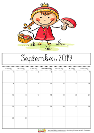 September Printable 2019 Calendar Girl Foraging For Mushrooms What A Great Idea For September Too Printable Kids Calendar September Calendar Print Calendar
