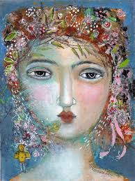 Special Price Free Mixed Media Print Art Girl Woman Flowers in Her Hair  Ribbons Feminine